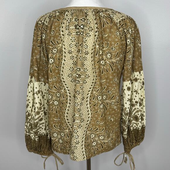 D'ascoli Peasant Blouse Size Medium Brown Floral Long Sleeve Cotton Boho Resort - Picture 4 of 10